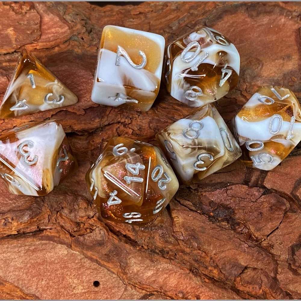 Sage's Shards - Brown/White Glitter and Silver Ink Acrylic Polyhedral Dice Set - Sage's PortalAcrylic Dice Set