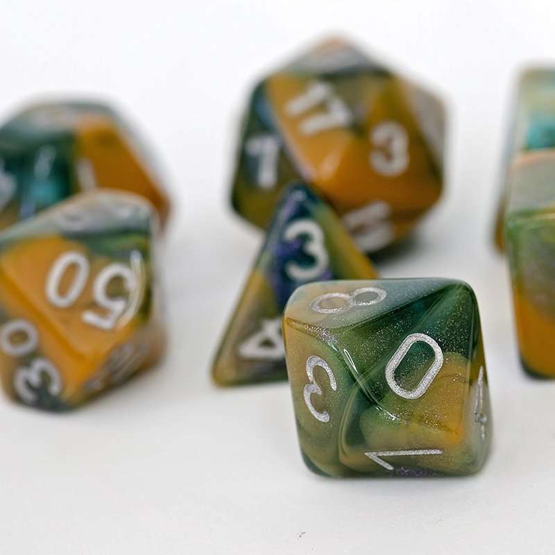 Sage's Shards - Caramel/Green/Turquoise Glitter and Silver Ink Acrylic Polyhedral Dice Set - Sage's PortalAcrylic Dice Set