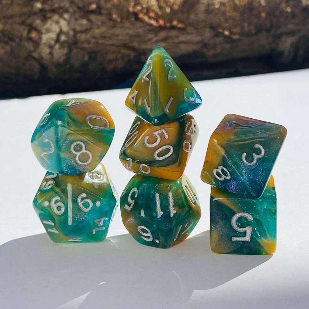 Sage's Shards - Caramel/Green/Turquoise Glitter and Silver Ink Acrylic Polyhedral Dice Set - Sage's PortalAcrylic Dice Set