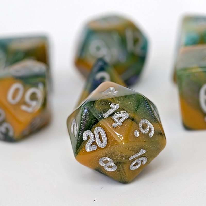Sage's Shards - Caramel/Green/Turquoise Glitter and Silver Ink Acrylic Polyhedral Dice Set - Sage's PortalAcrylic Dice Set