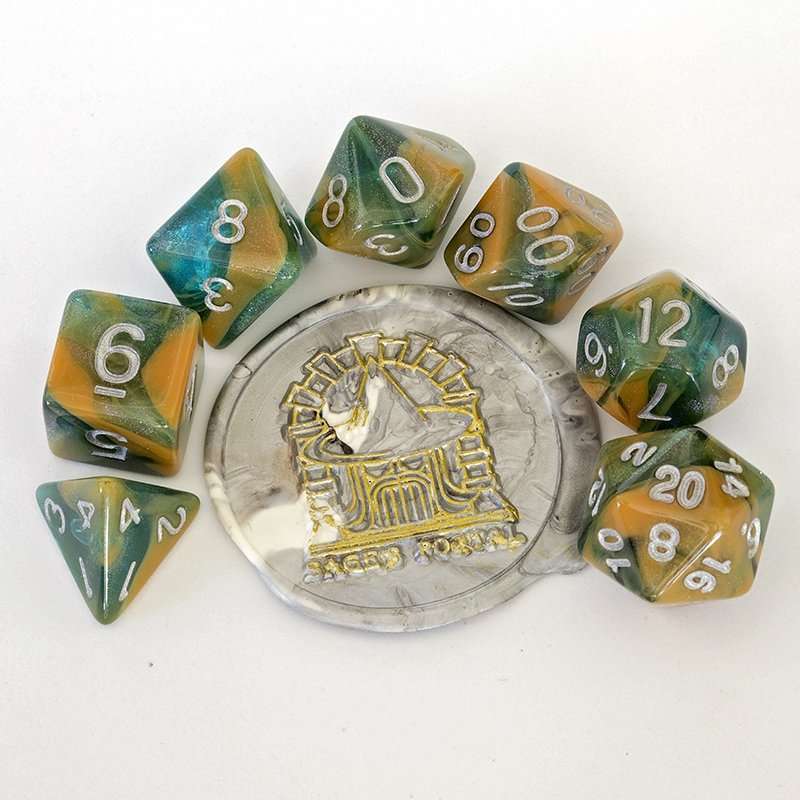 Sage's Shards - Caramel/Green/Turquoise Glitter and Silver Ink Acrylic Polyhedral Dice Set - Sage's PortalAcrylic Dice Set