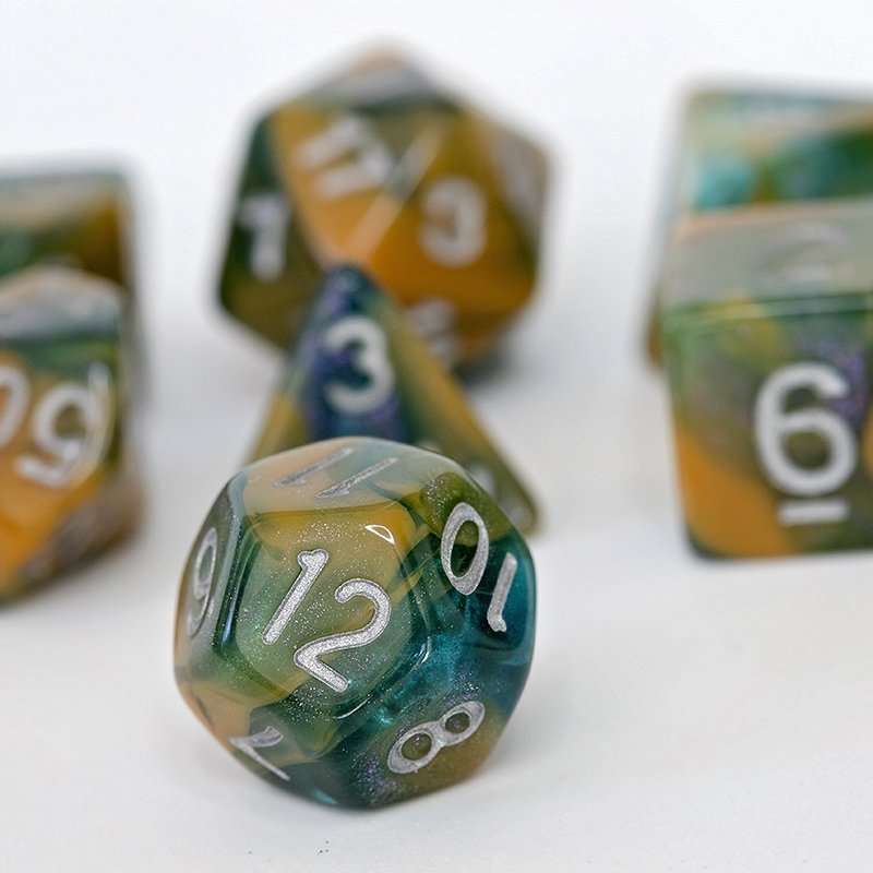 Sage's Shards - Caramel/Green/Turquoise Glitter and Silver Ink Acrylic Polyhedral Dice Set - Sage's PortalAcrylic Dice Set