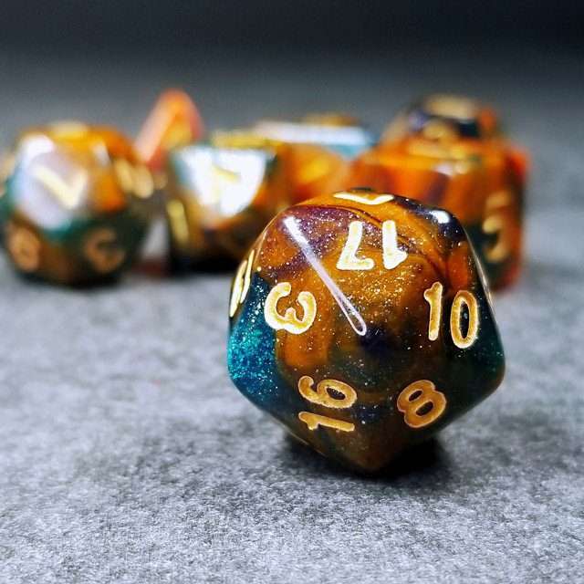Sage's Shards - Caramel/Turquoise/Purple/Blue Glitter Acrylic Polyhedral Dice Set - Sage's PortalAcrylic Dice Set