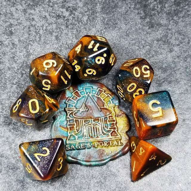Sage's Shards - Caramel/Turquoise/Purple/Blue Glitter Acrylic Polyhedral Dice Set - Sage's PortalAcrylic Dice Set