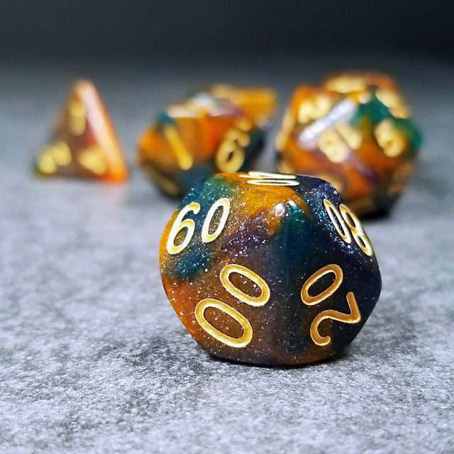 Sage's Shards - Caramel/Turquoise/Purple/Blue Glitter Acrylic Polyhedral Dice Set - Sage's PortalAcrylic Dice Set