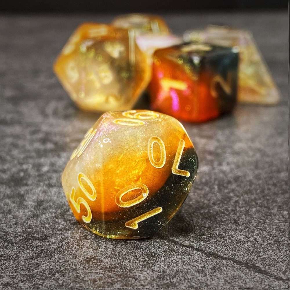 Sage's Shards -Caramel/White/Mica Glitter Gold Ink Polyhedral Dice Set - Sage's PortalAcrylic Dice Set