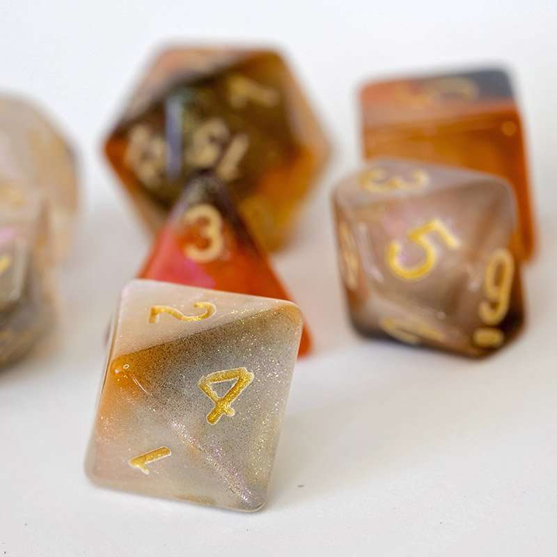 Sage's Shards -Caramel/White/Mica Glitter Gold Ink Polyhedral Dice Set - Sage's PortalAcrylic Dice Set