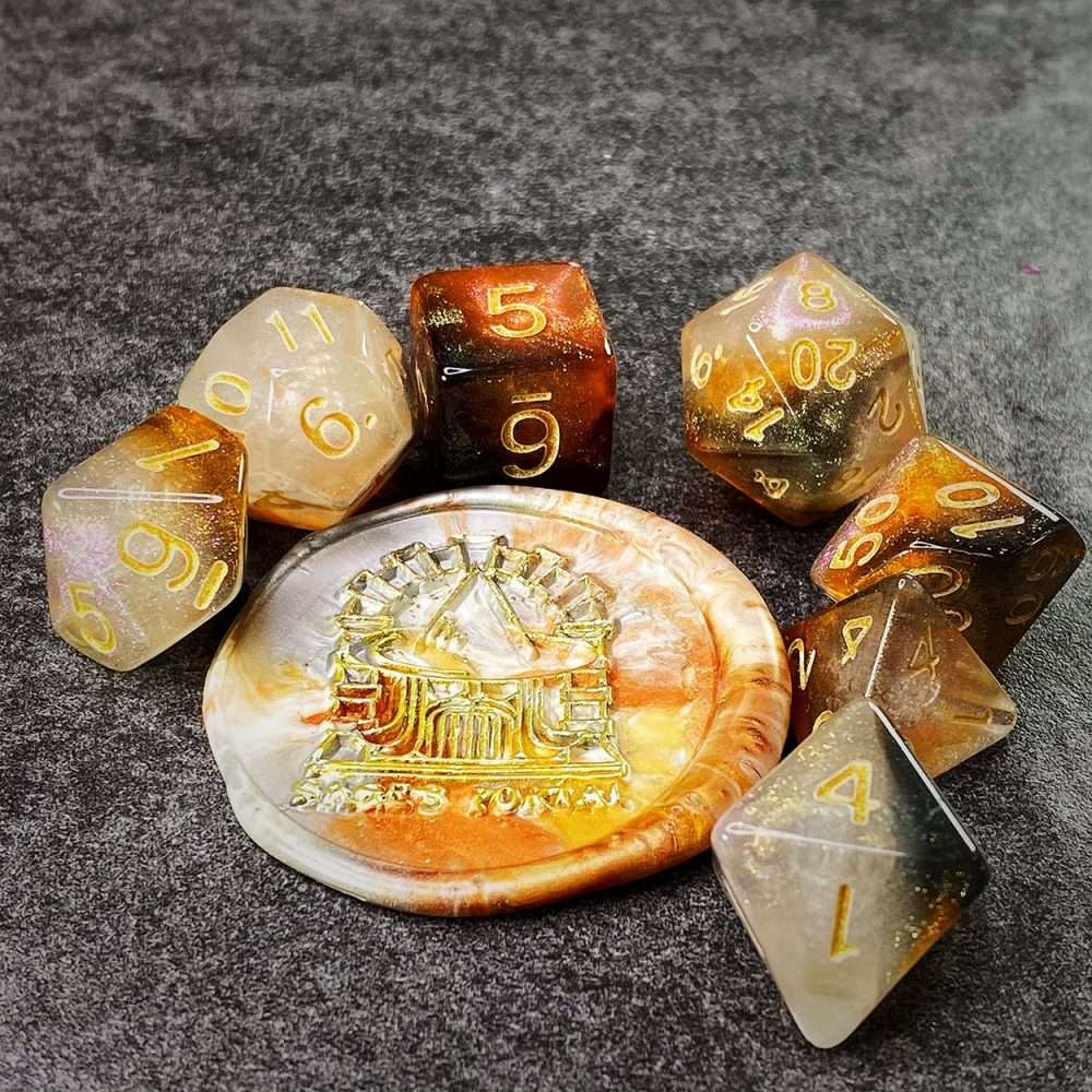 Sage's Shards -Caramel/White/Mica Glitter Gold Ink Polyhedral Dice Set - Sage's PortalAcrylic Dice Set