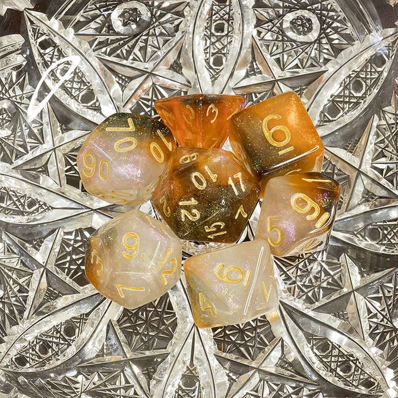 Sage's Shards -Caramel/White/Mica Glitter Gold Ink Polyhedral Dice Set - Sage's PortalAcrylic Dice Set