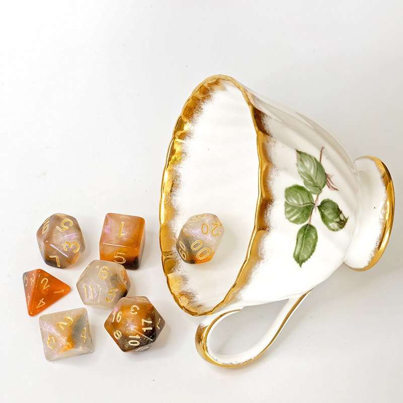 Sage's Shards -Caramel/White/Mica Glitter Gold Ink Polyhedral Dice Set - Sage's PortalAcrylic Dice Set