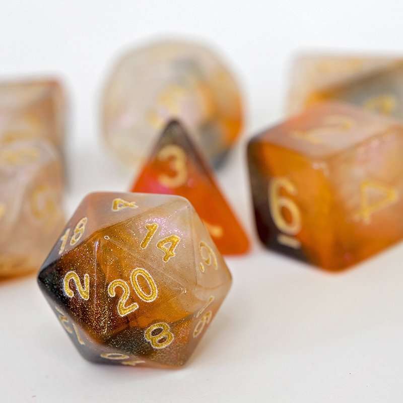 Sage's Shards -Caramel/White/Mica Glitter Gold Ink Polyhedral Dice Set - Sage's PortalAcrylic Dice Set