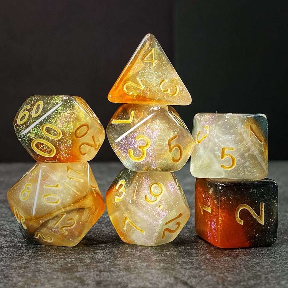 Sage's Shards -Caramel/White/Mica Glitter Gold Ink Polyhedral Dice Set - Sage's PortalAcrylic Dice Set
