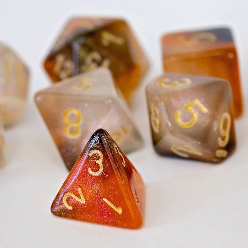 Sage's Shards -Caramel/White/Mica Glitter Gold Ink Polyhedral Dice Set - Sage's PortalAcrylic Dice Set