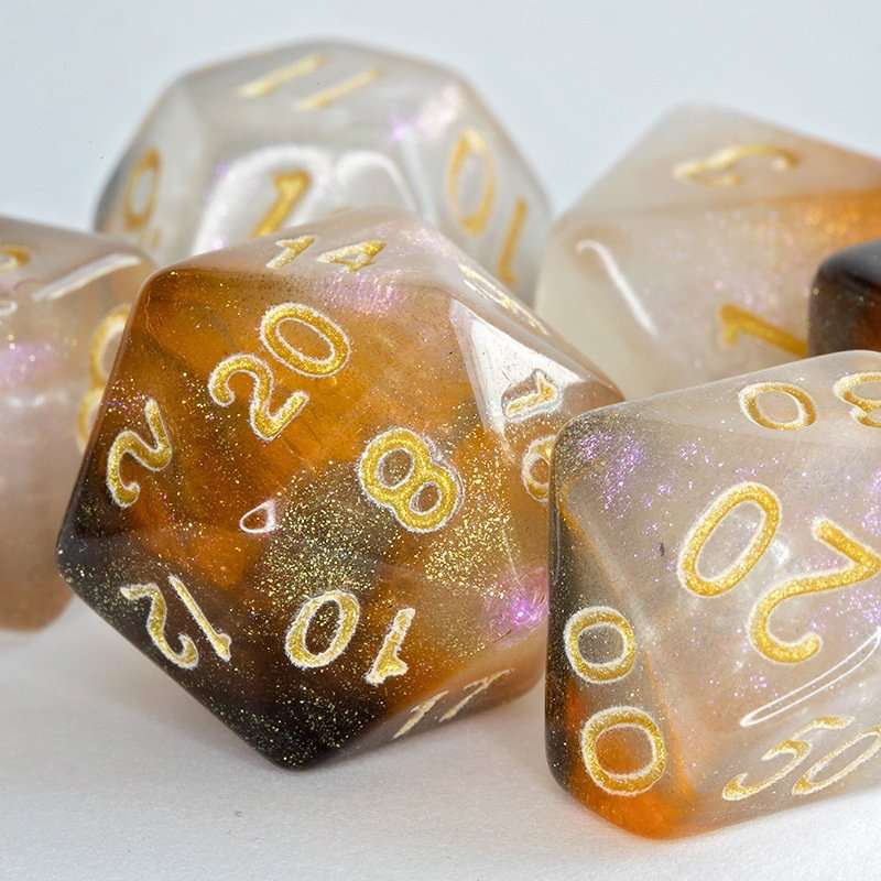 Sage's Shards -Caramel/White/Mica Glitter Gold Ink Polyhedral Dice Set - Sage's PortalAcrylic Dice Set