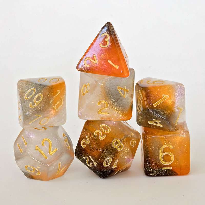 Sage's Shards -Caramel/White/Mica Glitter Gold Ink Polyhedral Dice Set - Sage's PortalAcrylic Dice Set