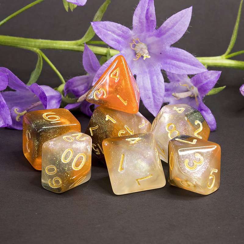 Sage's Shards -Caramel/White/Mica Glitter Gold Ink Polyhedral Dice Set - Sage's PortalAcrylic Dice Set