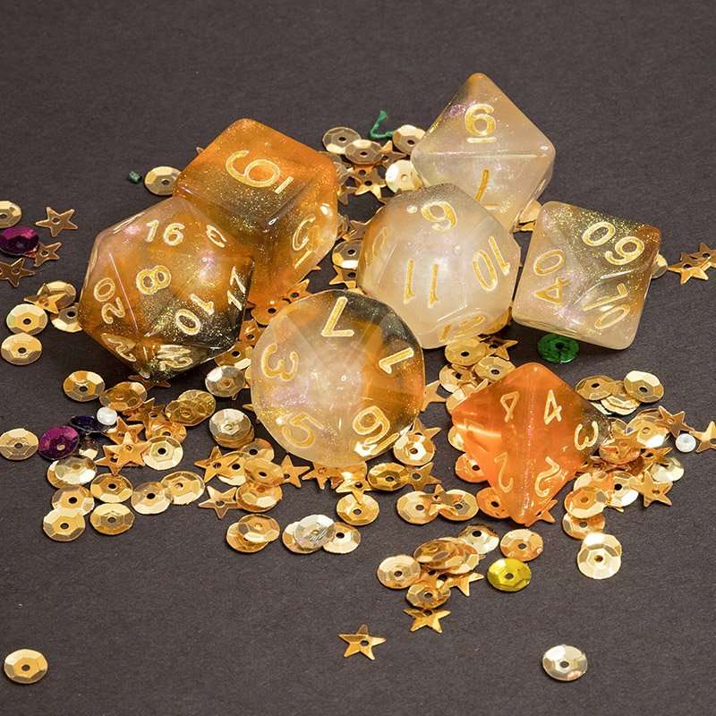 Sage's Shards -Caramel/White/Mica Glitter Gold Ink Polyhedral Dice Set - Sage's PortalAcrylic Dice Set