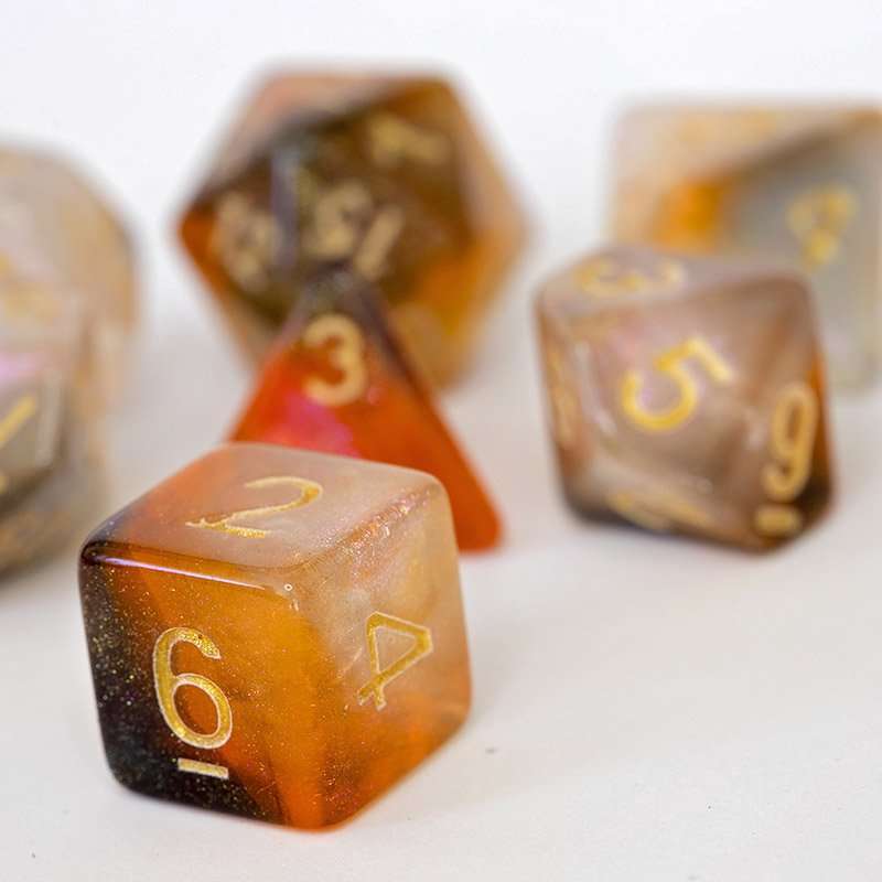 Sage's Shards -Caramel/White/Mica Glitter Gold Ink Polyhedral Dice Set - Sage's PortalAcrylic Dice Set
