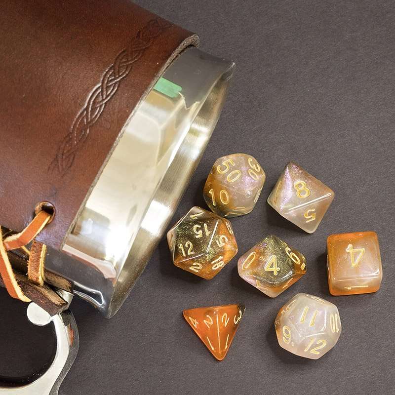 Sage's Shards -Caramel/White/Mica Glitter Gold Ink Polyhedral Dice Set - Sage's PortalAcrylic Dice Set