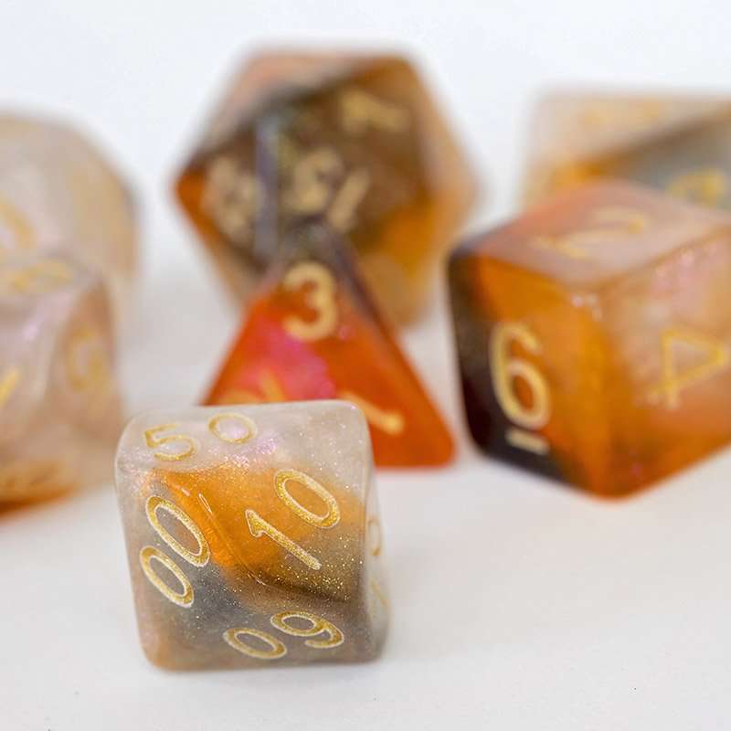 Sage's Shards -Caramel/White/Mica Glitter Gold Ink Polyhedral Dice Set - Sage's PortalAcrylic Dice Set