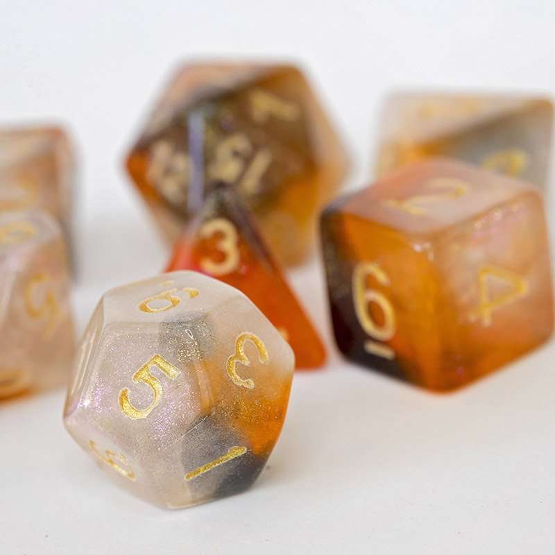 Sage's Shards -Caramel/White/Mica Glitter Gold Ink Polyhedral Dice Set - Sage's PortalAcrylic Dice Set