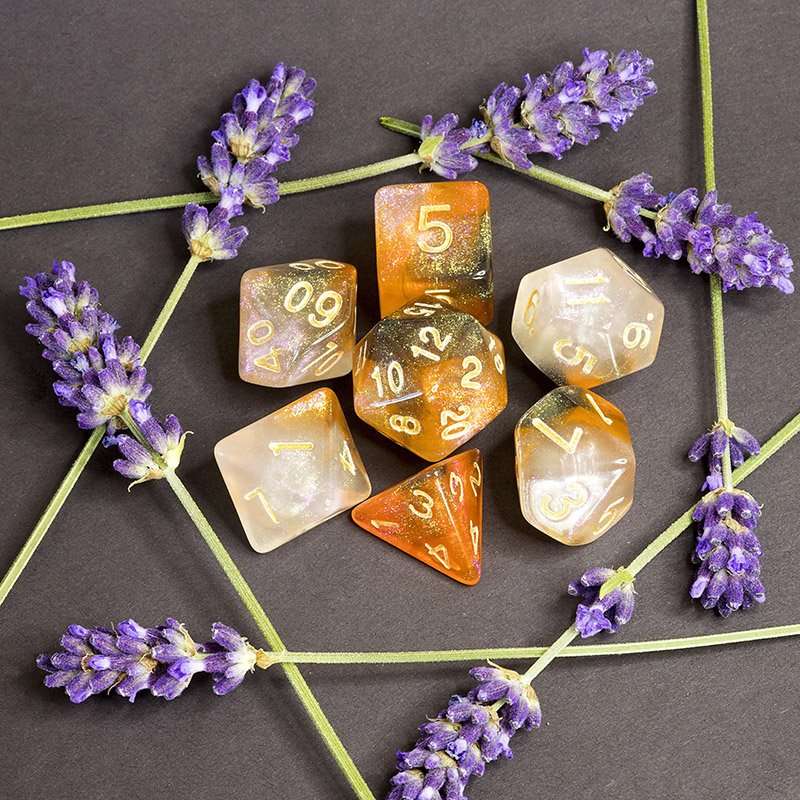 Sage's Shards -Caramel/White/Mica Glitter Gold Ink Polyhedral Dice Set - Sage's PortalAcrylic Dice Set