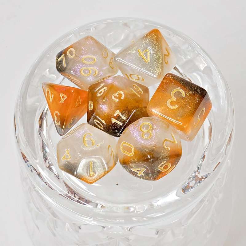 Sage's Shards -Caramel/White/Mica Glitter Gold Ink Polyhedral Dice Set - Sage's PortalAcrylic Dice Set