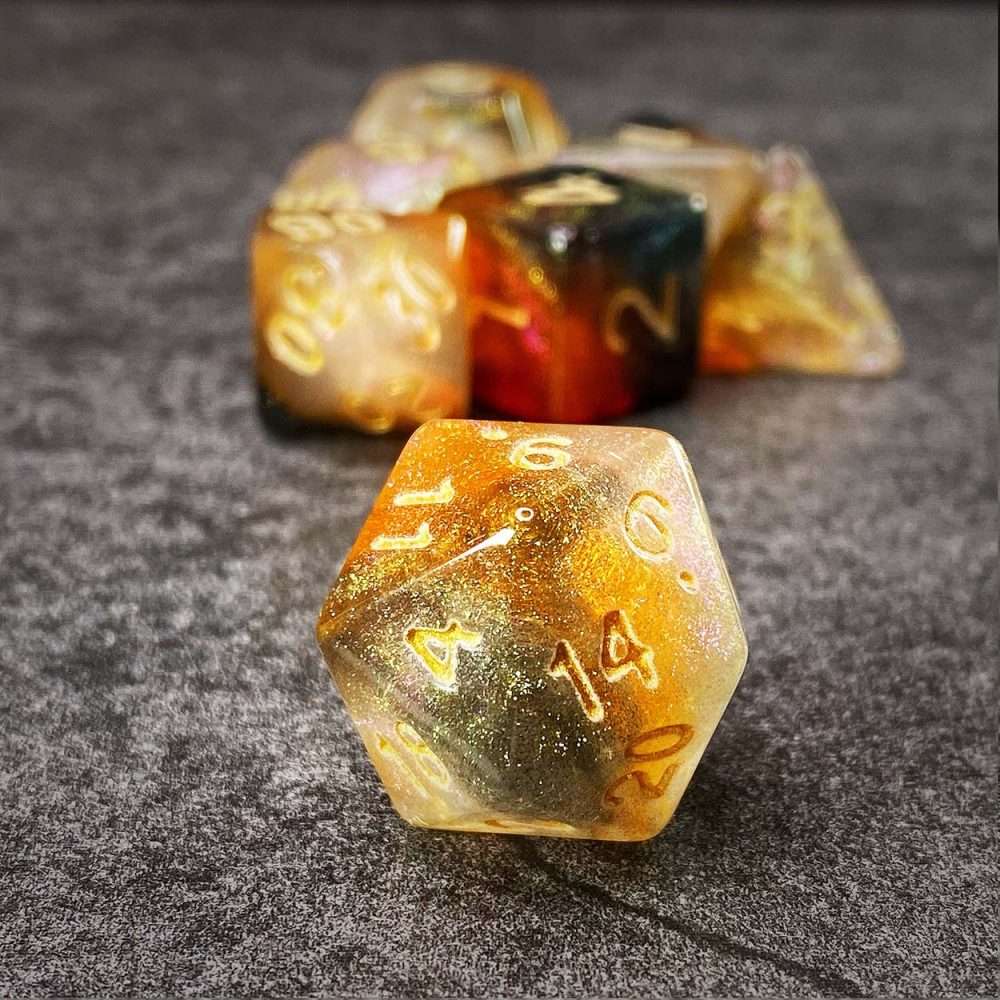 Sage's Shards -Caramel/White/Mica Glitter Gold Ink Polyhedral Dice Set - Sage's PortalAcrylic Dice Set