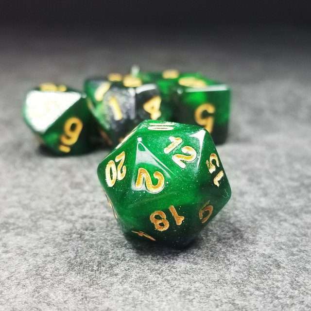 Sage's Shards - Green/Charcoal Glitter Gold Ink Polyhedral Dice Set - Sage's PortalAcrylic Dice Set