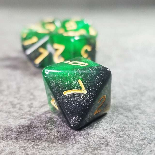 Sage's Shards - Green/Charcoal Glitter Gold Ink Polyhedral Dice Set - Sage's PortalAcrylic Dice Set
