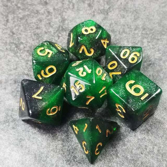 Sage's Shards - Green/Charcoal Glitter Gold Ink Polyhedral Dice Set - Sage's PortalAcrylic Dice Set