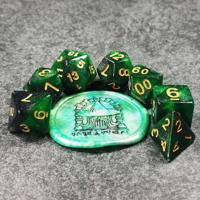 Sage's Shards - Green/Charcoal Glitter Gold Ink Polyhedral Dice Set - Sage's PortalAcrylic Dice Set