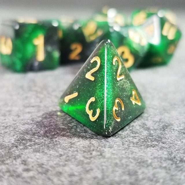 Sage's Shards - Green/Charcoal Glitter Gold Ink Polyhedral Dice Set - Sage's PortalAcrylic Dice Set
