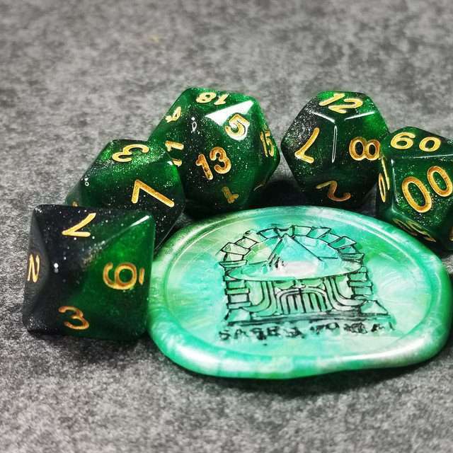 Sage's Shards - Green/Charcoal Glitter Gold Ink Polyhedral Dice Set - Sage's PortalAcrylic Dice Set