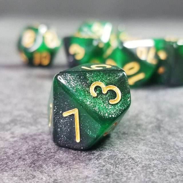 Sage's Shards - Green/Charcoal Glitter Gold Ink Polyhedral Dice Set - Sage's PortalAcrylic Dice Set