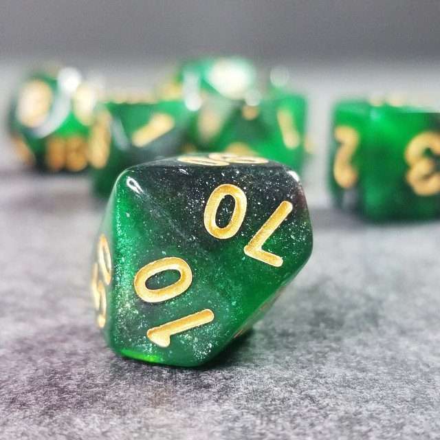 Sage's Shards - Green/Charcoal Glitter Gold Ink Polyhedral Dice Set - Sage's PortalAcrylic Dice Set