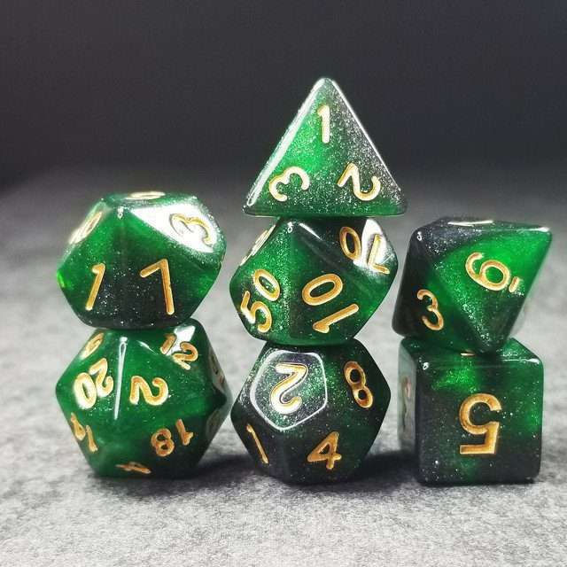 Sage's Shards - Green/Charcoal Glitter Gold Ink Polyhedral Dice Set - Sage's PortalAcrylic Dice Set