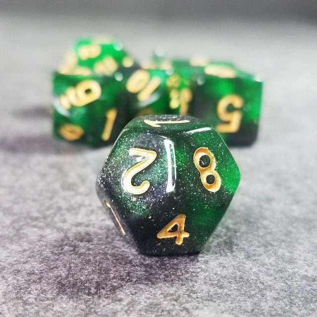 Sage's Shards - Green/Charcoal Glitter Gold Ink Polyhedral Dice Set - Sage's PortalAcrylic Dice Set