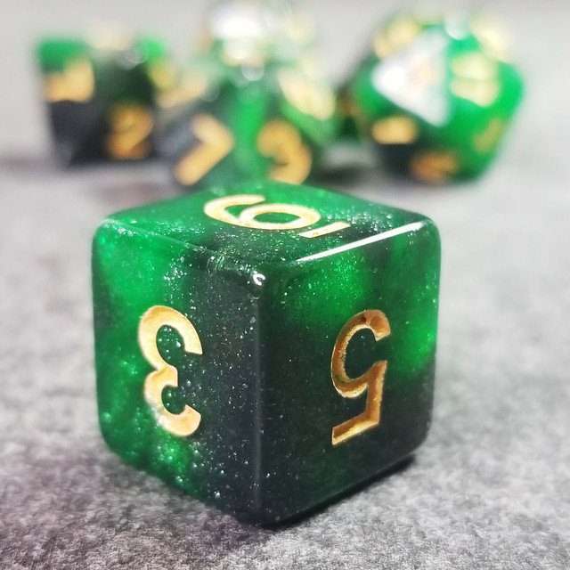 Sage's Shards - Green/Charcoal Glitter Gold Ink Polyhedral Dice Set - Sage's PortalAcrylic Dice Set