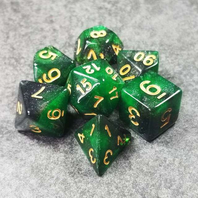 Sage's Shards - Green/Charcoal Glitter Gold Ink Polyhedral Dice Set - Sage's PortalAcrylic Dice Set