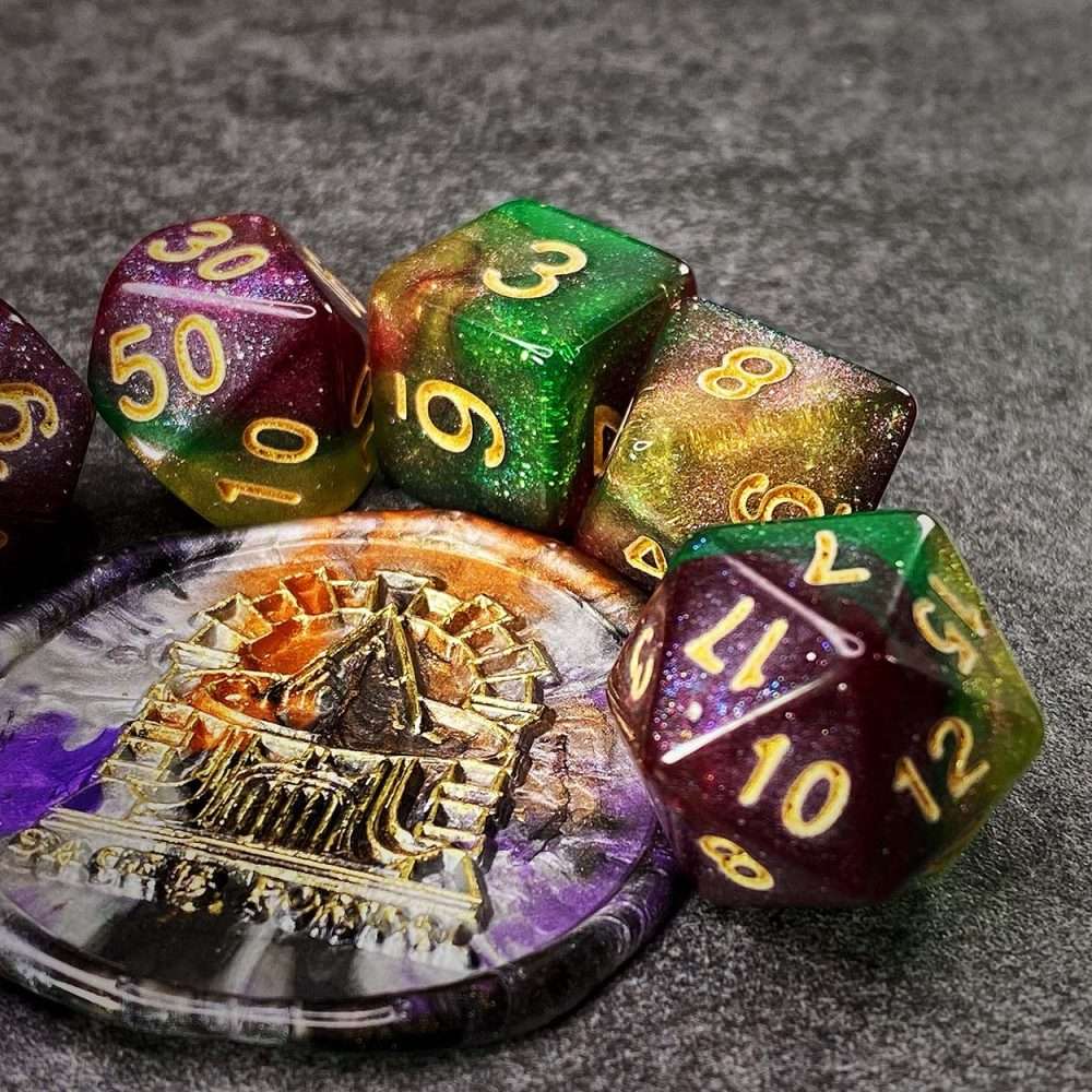 Sage's Shards - Green/Lime/Purple and Gold Ink Glitter Polyhedral Dice Set - Sage's PortalAcrylic Dice Set