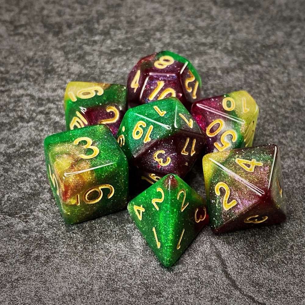 Sage's Shards - Green/Lime/Purple and Gold Ink Glitter Polyhedral Dice Set - Sage's PortalAcrylic Dice Set