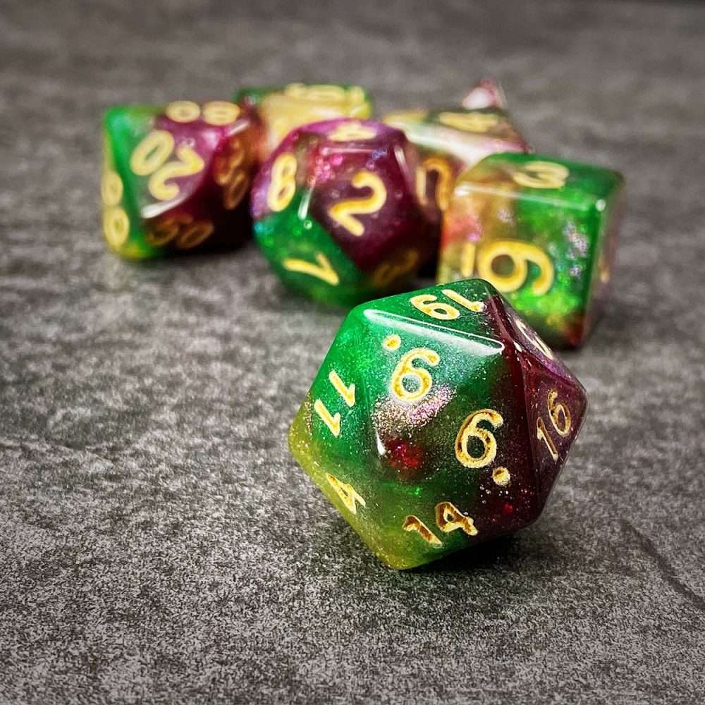 Sage's Shards - Green/Lime/Purple and Gold Ink Glitter Polyhedral Dice Set - Sage's PortalAcrylic Dice Set
