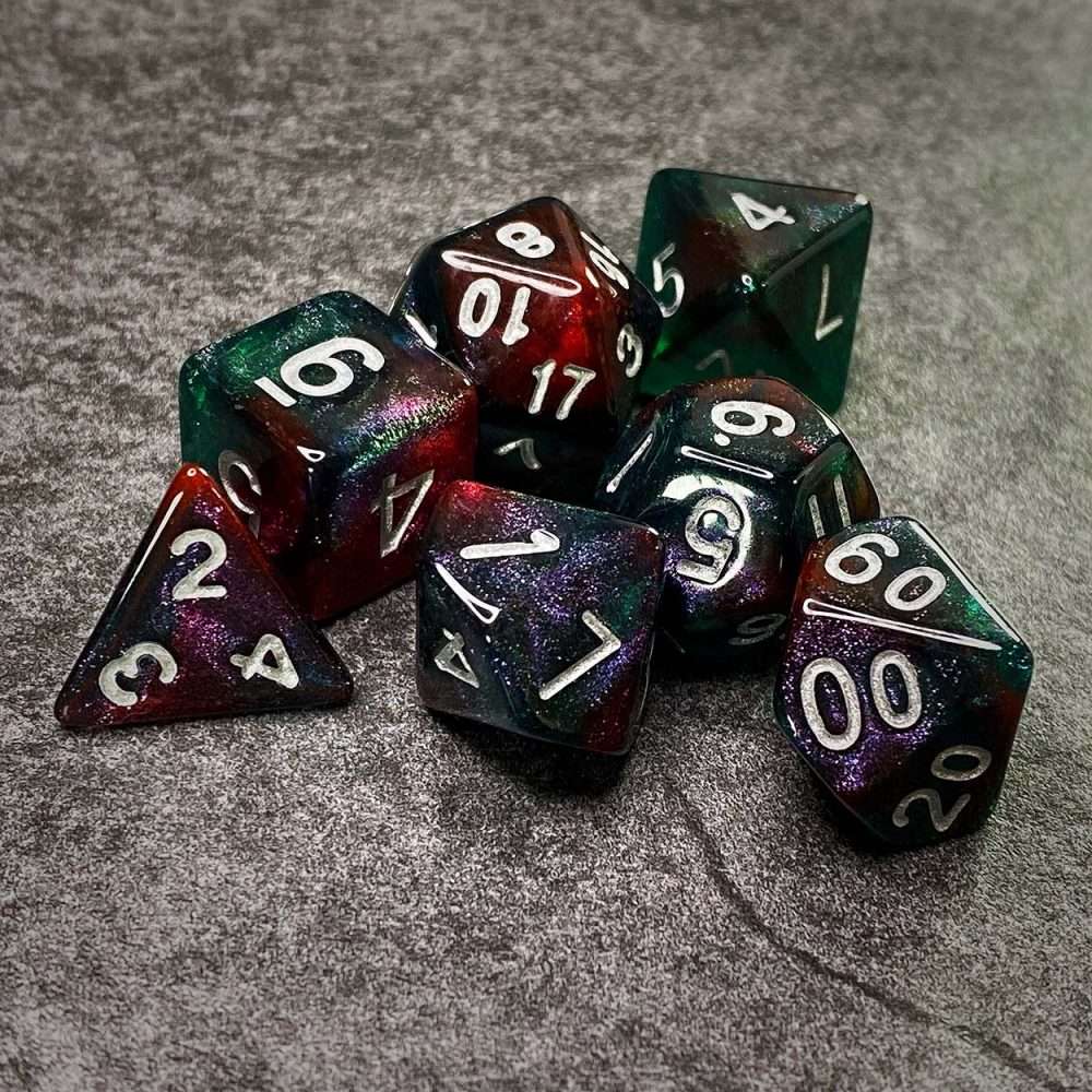 Sage's Shards - Green/Red/Blue Glitter White Ink Polyhedral Dice Set - Sage's PortalAcrylic Dice Set
