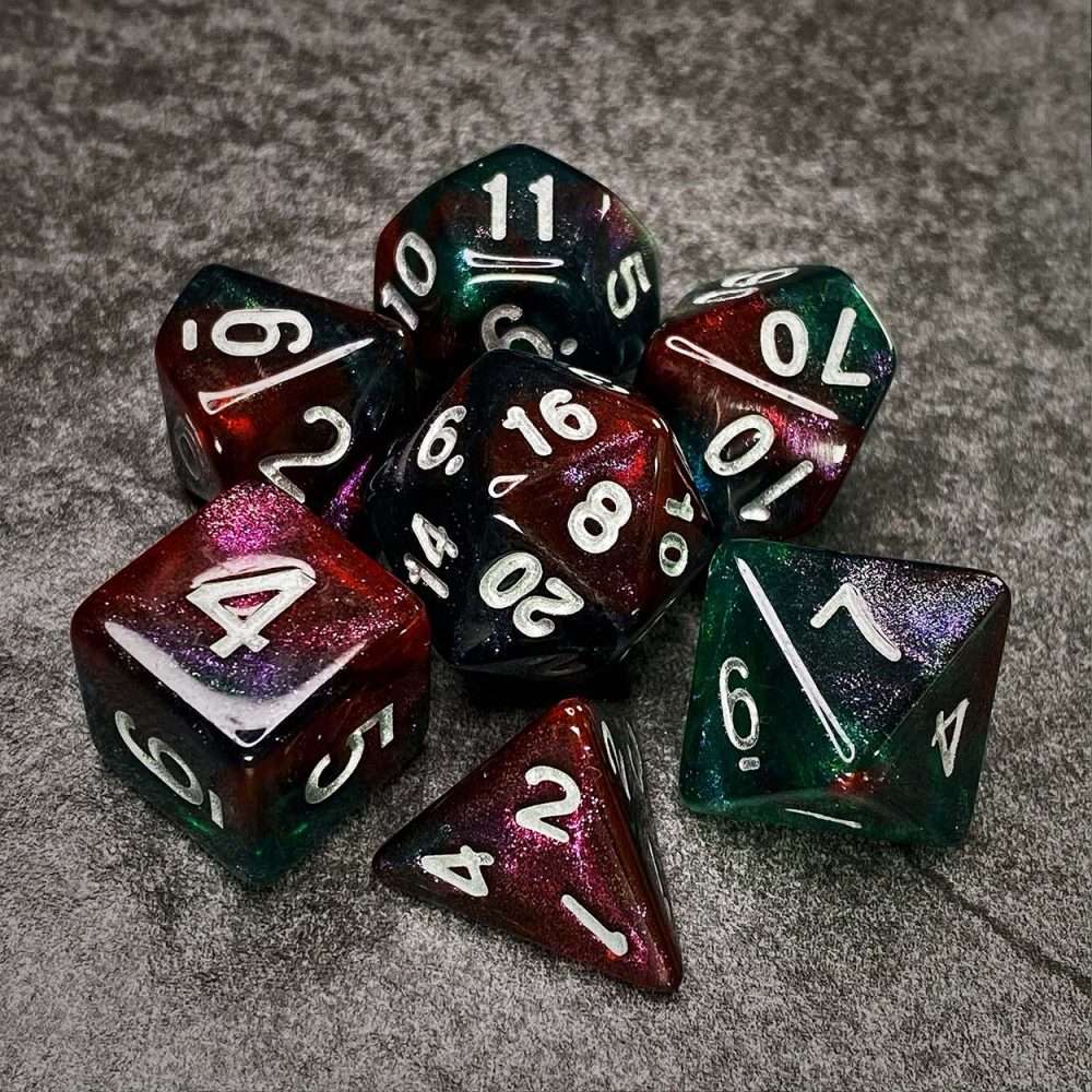 Sage's Shards - Green/Red/Blue Glitter White Ink Polyhedral Dice Set - Sage's PortalAcrylic Dice Set