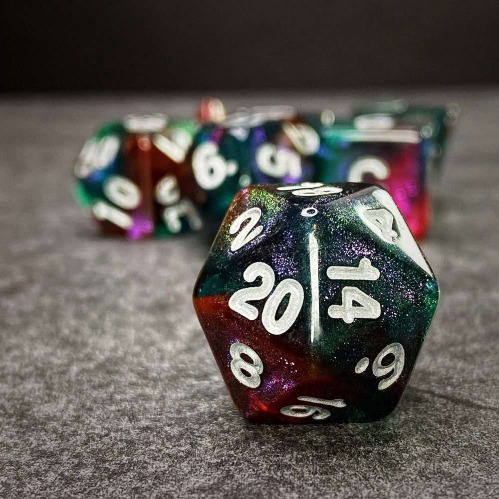 Sage's Shards - Green/Red/Blue Glitter White Ink Polyhedral Dice Set - Sage's PortalAcrylic Dice Set