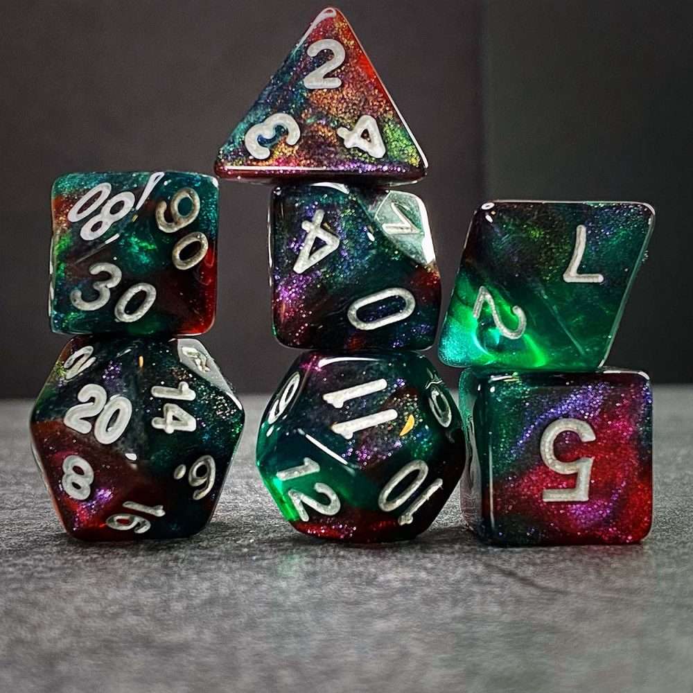 Sage's Shards - Green/Red/Blue Glitter White Ink Polyhedral Dice Set - Sage's PortalAcrylic Dice Set