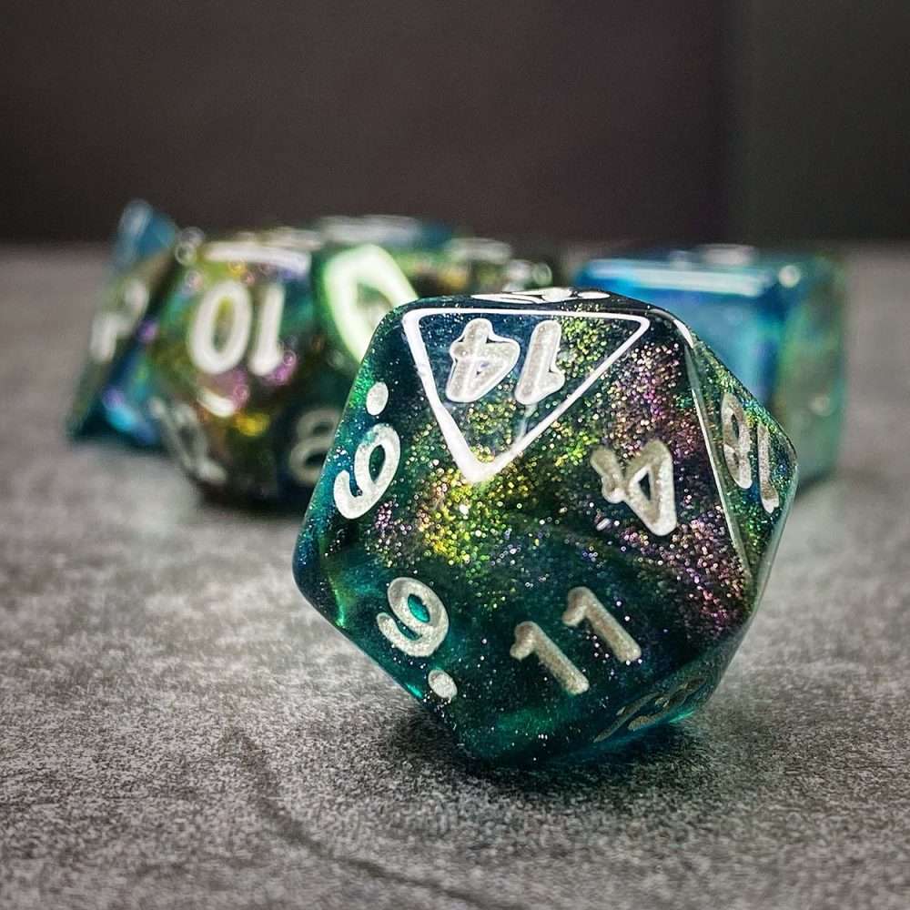 Sage's Shards - Turquoise/Cola/Green Silver Ink Glitter Polyhedral Dice Set - Sage's PortalAcrylic Dice Set