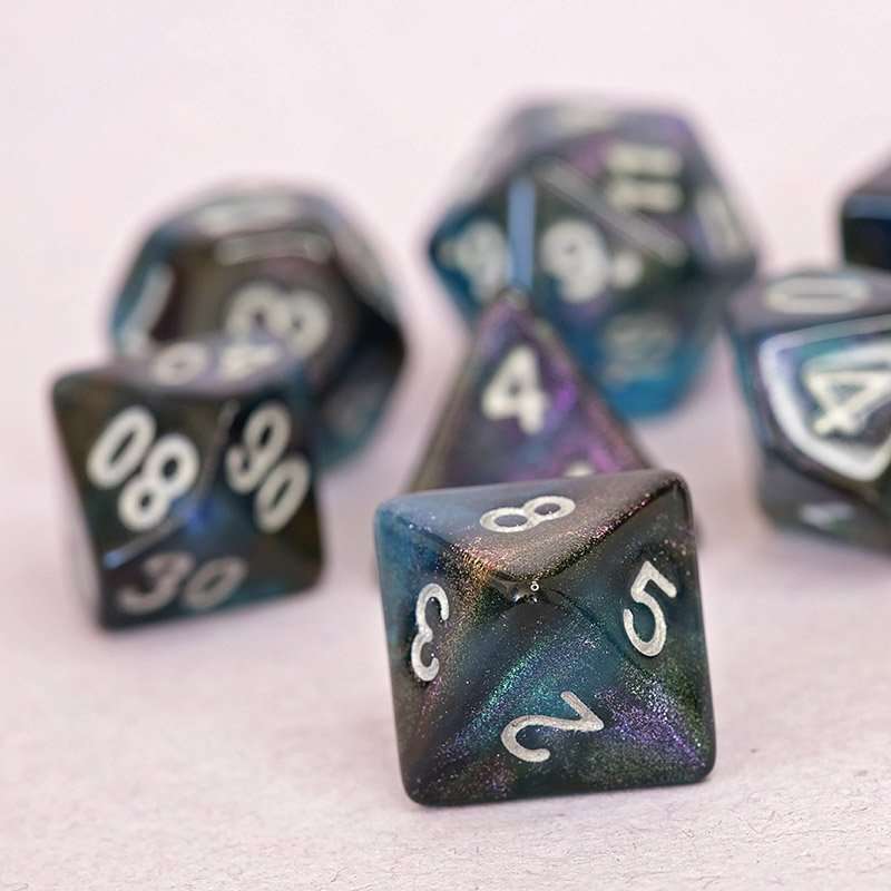 Sage's Shards - Turquoise/Cola/Green Silver Ink Glitter Polyhedral Dice Set - Sage's PortalAcrylic Dice Set