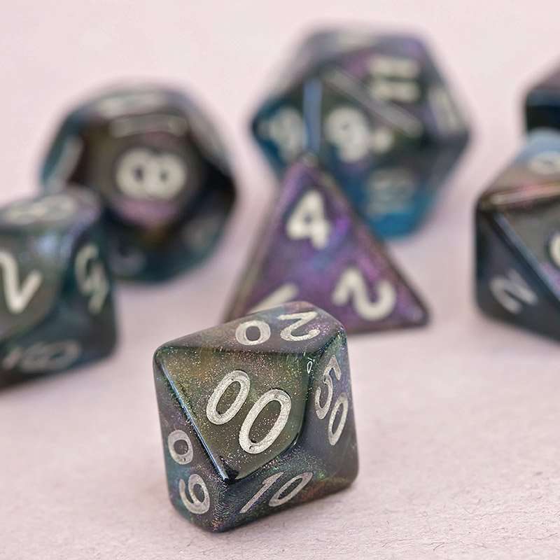 Sage's Shards - Turquoise/Cola/Green Silver Ink Glitter Polyhedral Dice Set - Sage's PortalAcrylic Dice Set